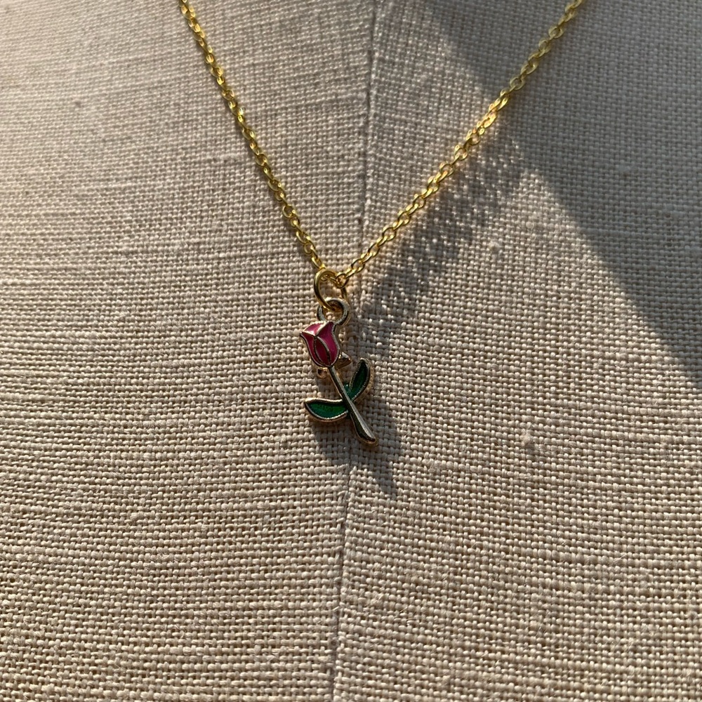 NWT Sterling Silver Plated Chain, Enamel Rose Flower Alloy Charm Neckkace - Picture 5 of 15